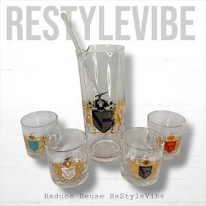 THE FEDERAL GLASS CO Cocktail Mixer Set & Box VINTAGE Rare Baronet Castle Shield